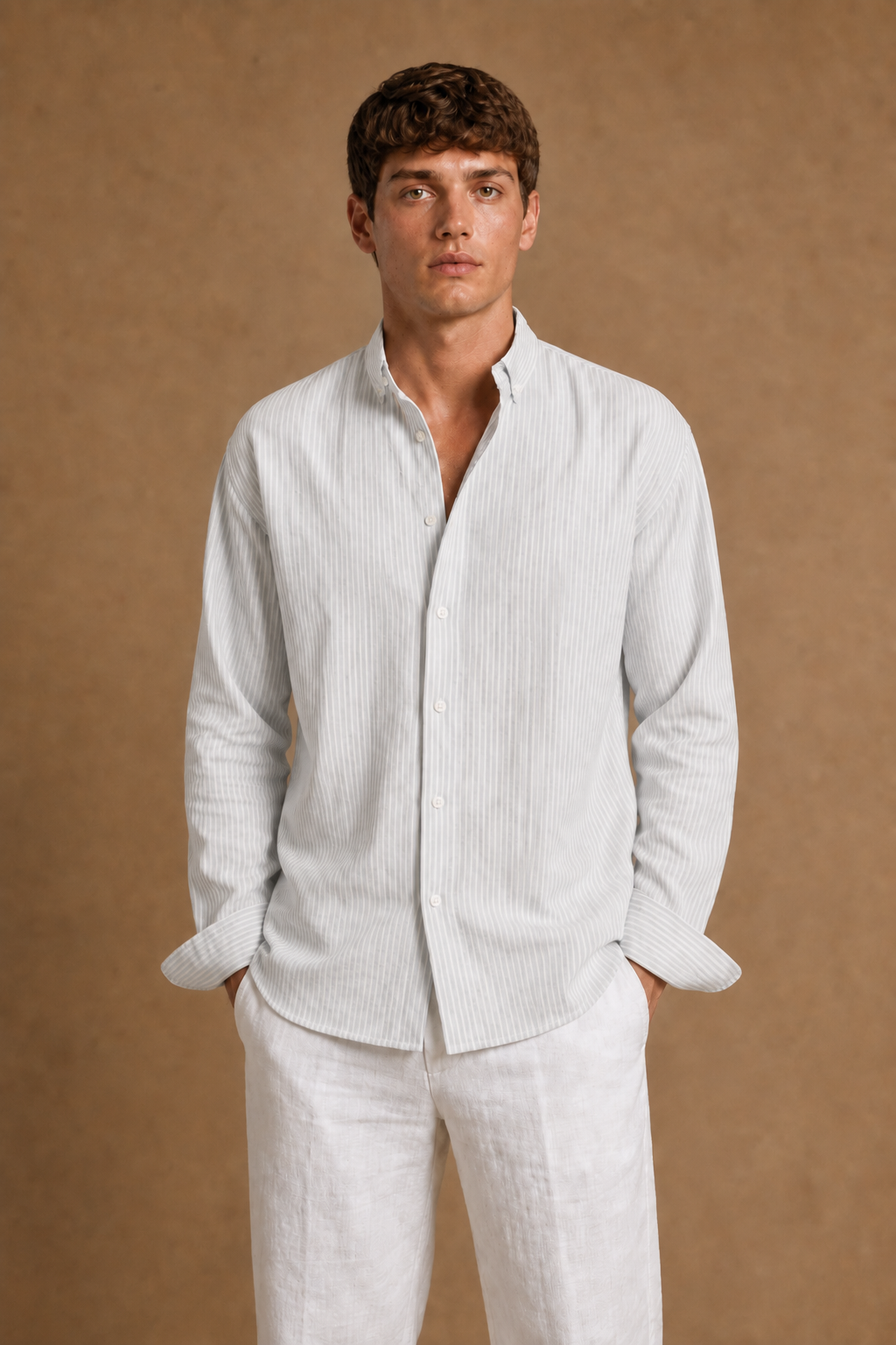 Tabarca Striped Linen Shirt in White with Light Grey Stripes on model - front pose