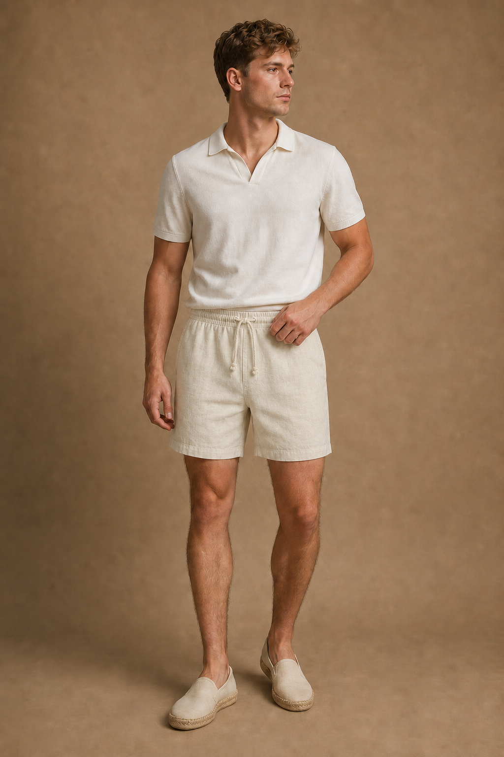 Tavolara Linen Shorts in Sand on model - front pose