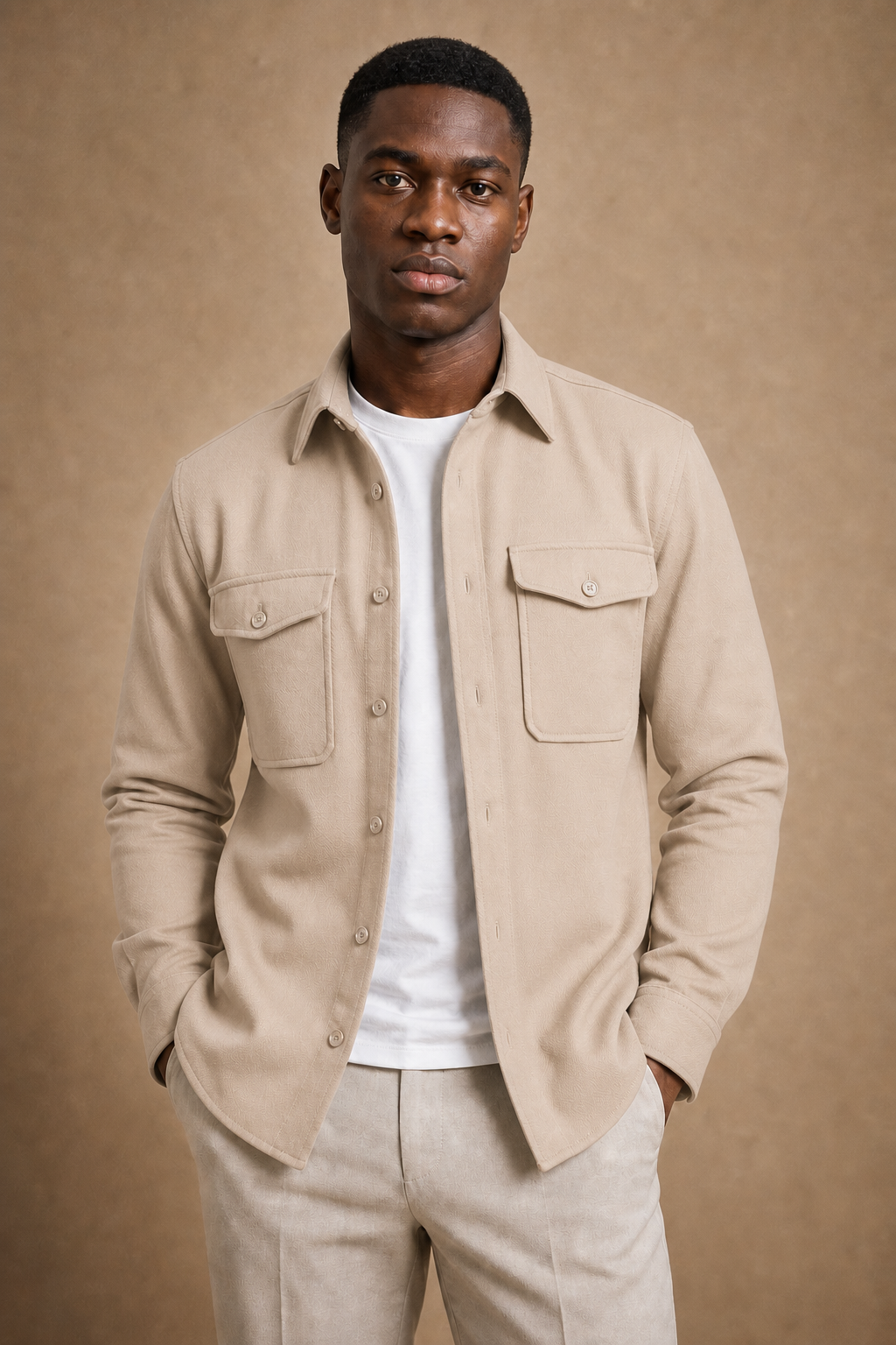 The Adige Overshirt in Beige on model — front pose