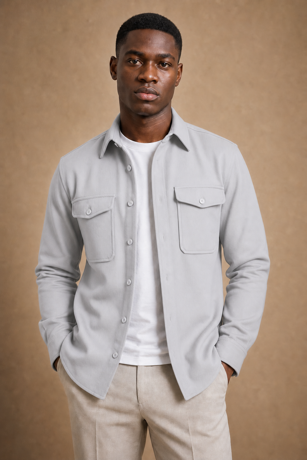 The Adige Overshirt in Light Grey on model — front pose