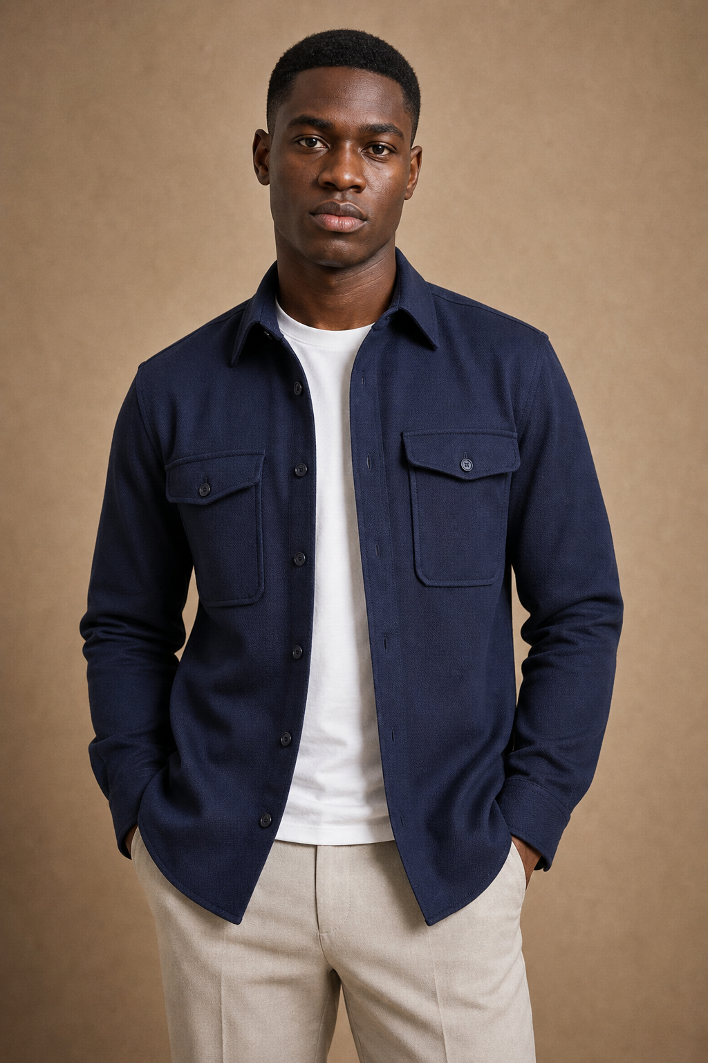 The Adige Overshirt in Navy on model — front pose