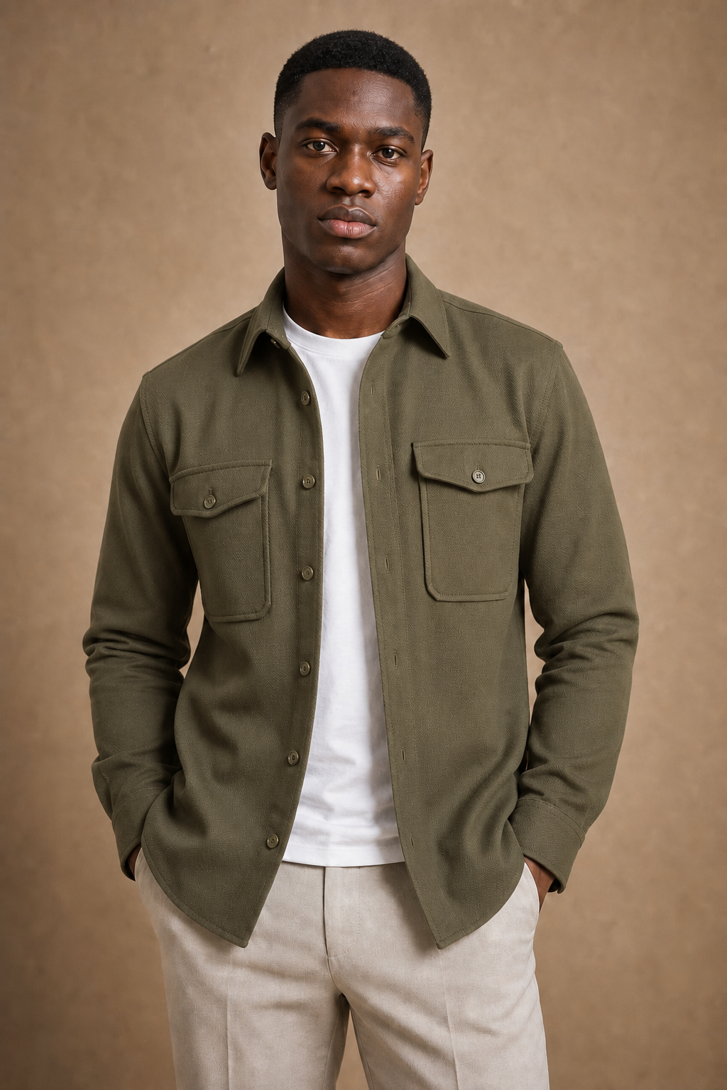 The Adige Overshirt in Olive on model — front pose