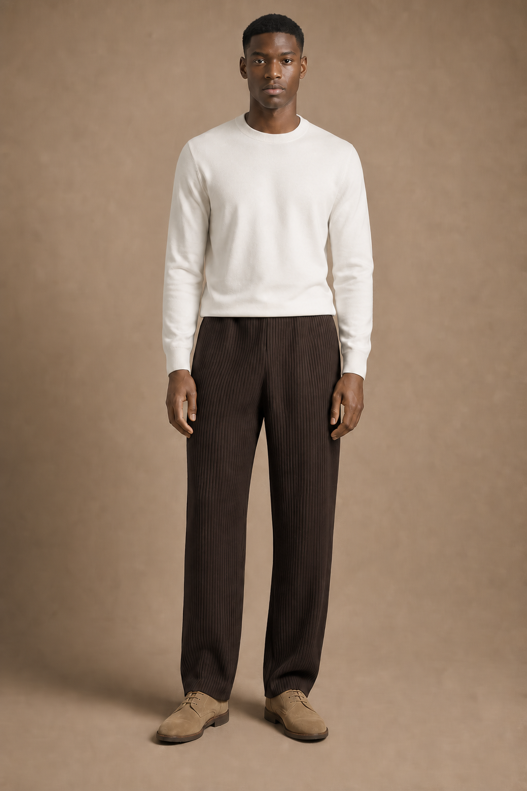 The Costa Pleated Pants in Chocolate on model - front pose