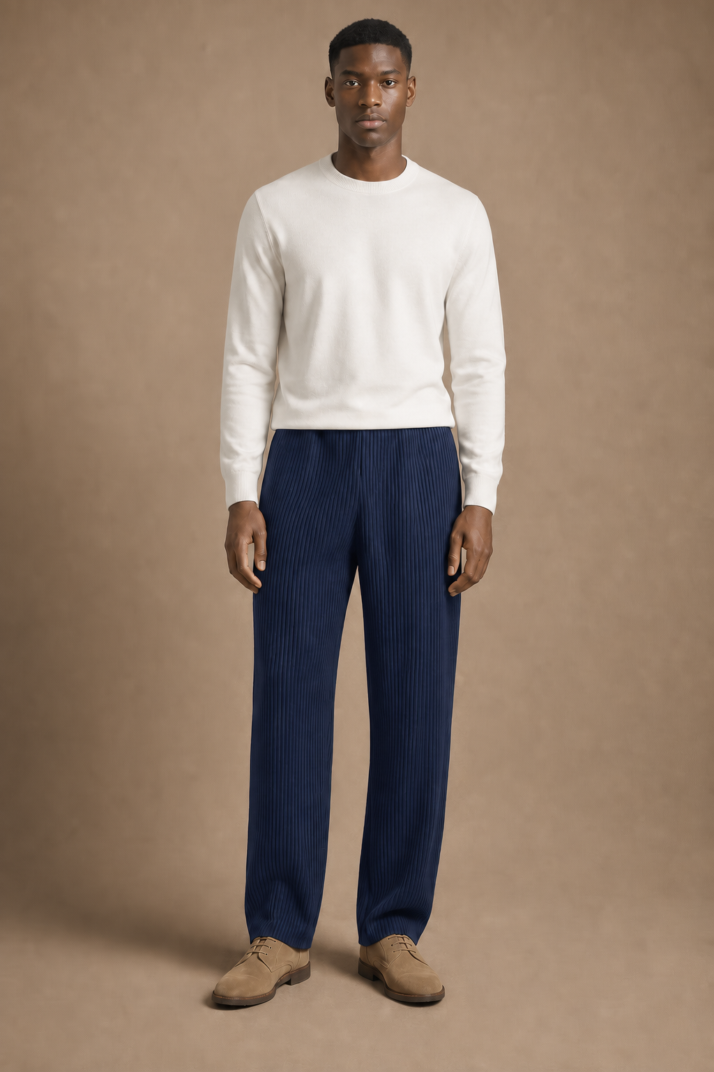 The Costa Pleated Pants in Navy on model - front pose