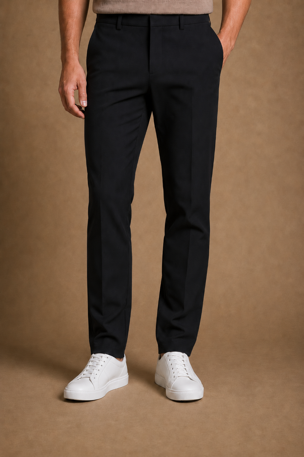 The Tiber Tech Trousers in Black on model - alternate pose