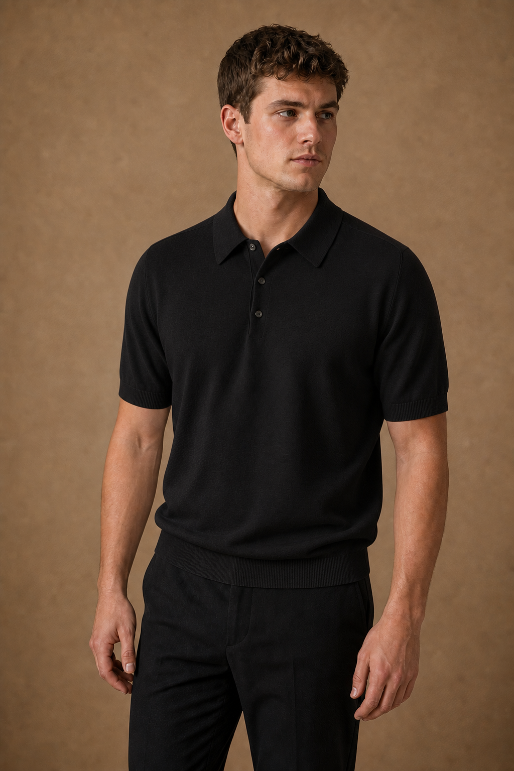 Torcello Knitted Polo Shirt in Black on model — alternate pose