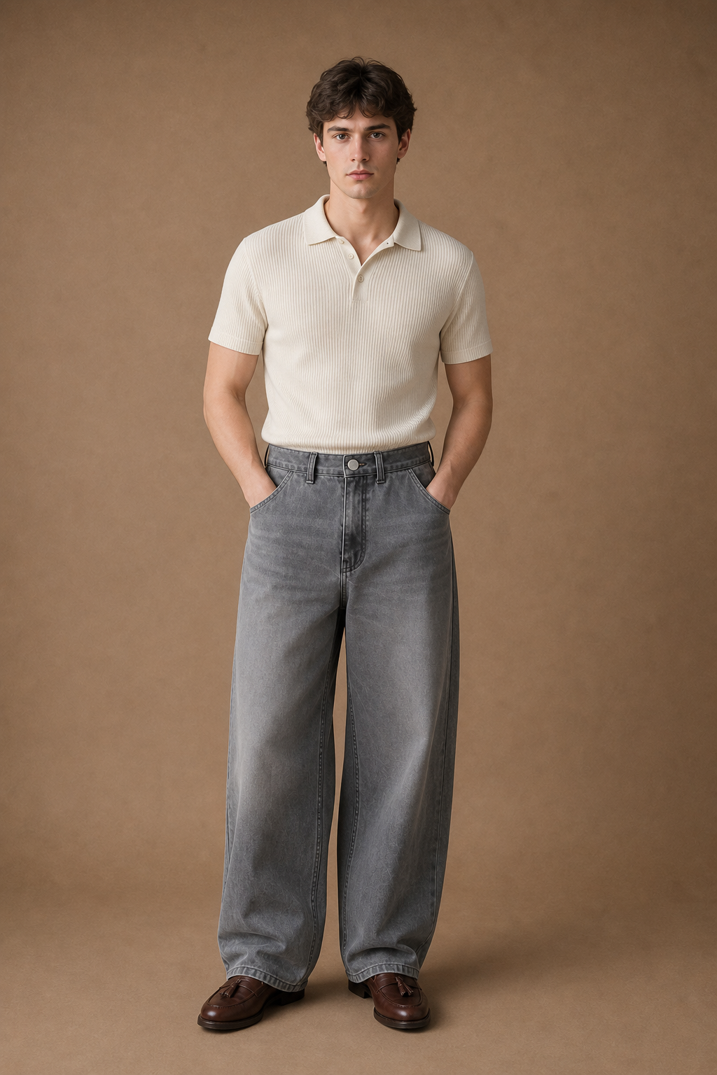 Torino Loose-Fit Jeans in Light Grey Wash on model - front pose