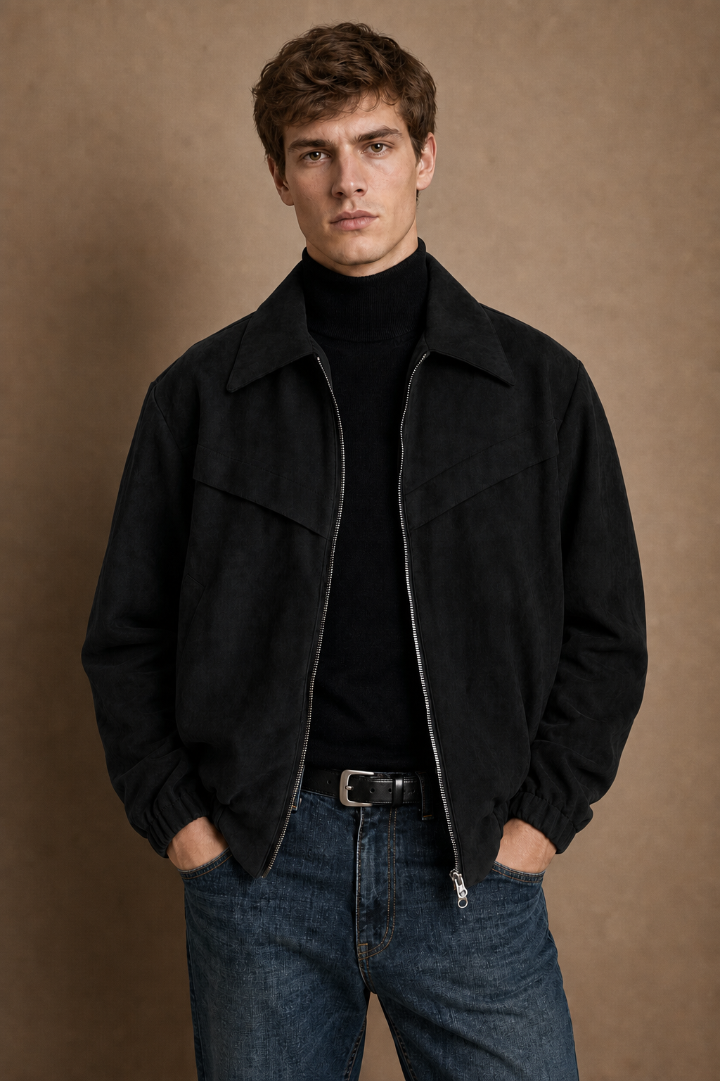 Trento Suede Jacket in Black on model — front pose