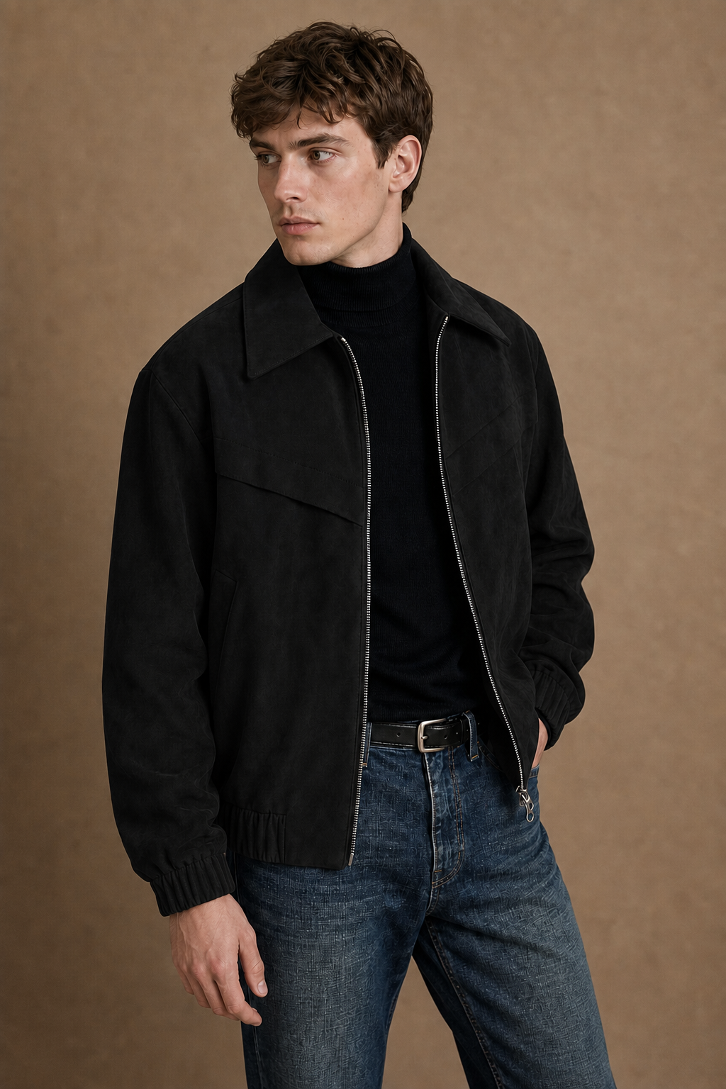 Trento Suede Jacket in Black on model — alternate pose