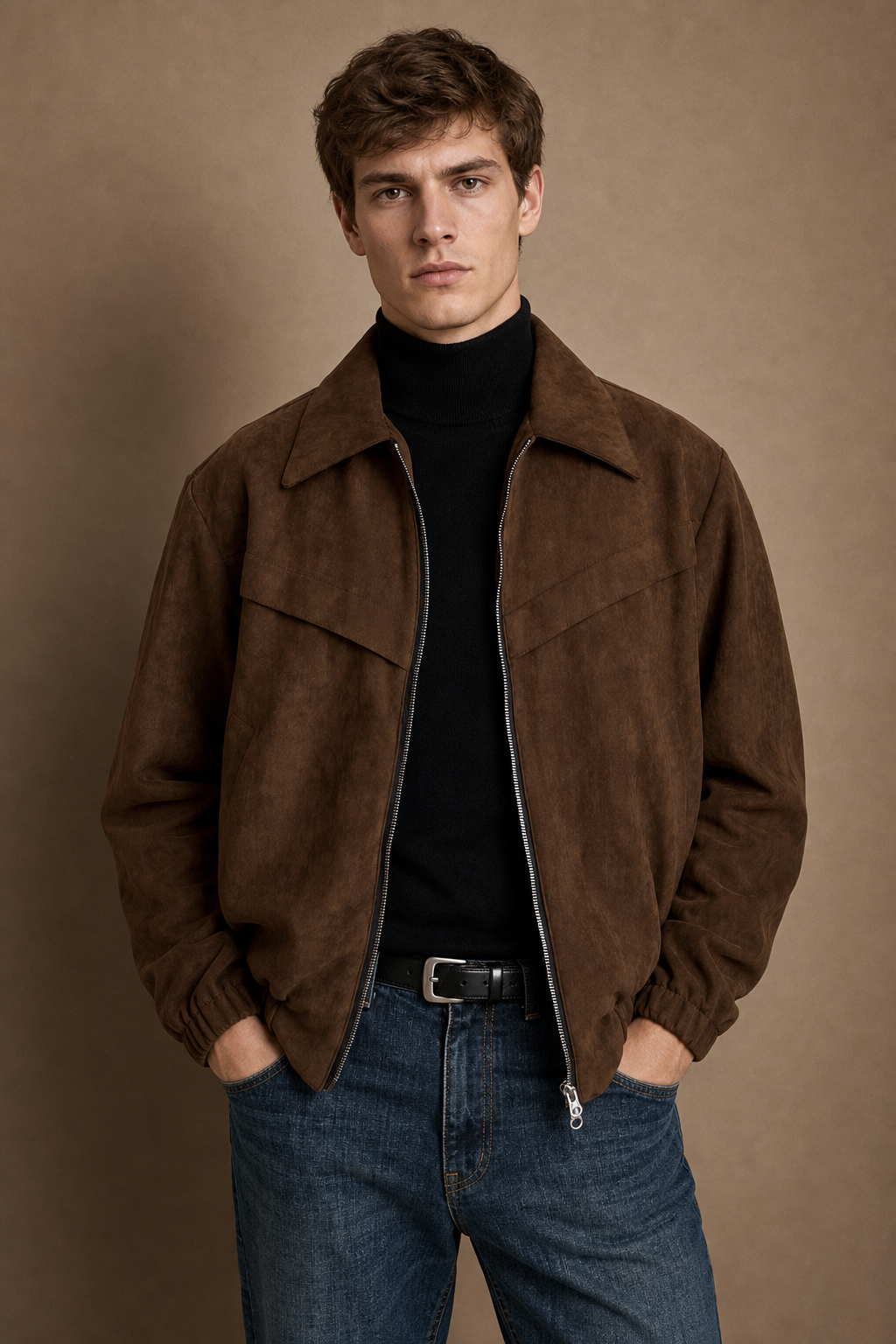 Trento Suede Jacket in Brown on model — front pose