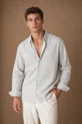 Vernazza Striped Shirt in White with Charcoal Stripes on model - front pose