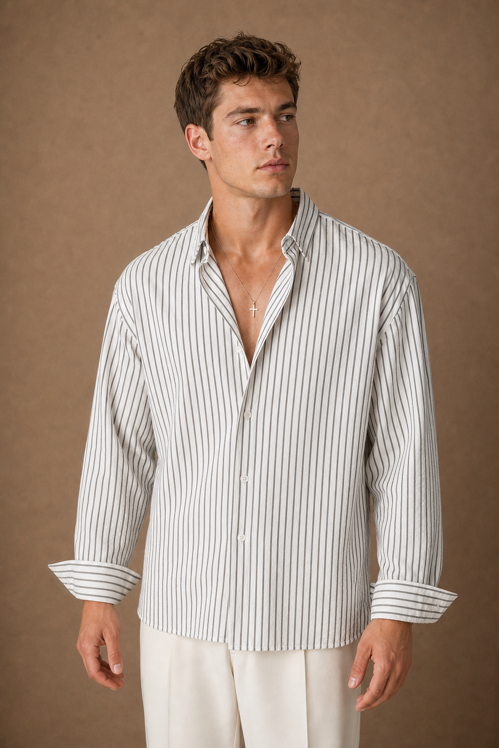 Vernazza Striped Shirt in White with Charcoal Stripes on model - alternate pose