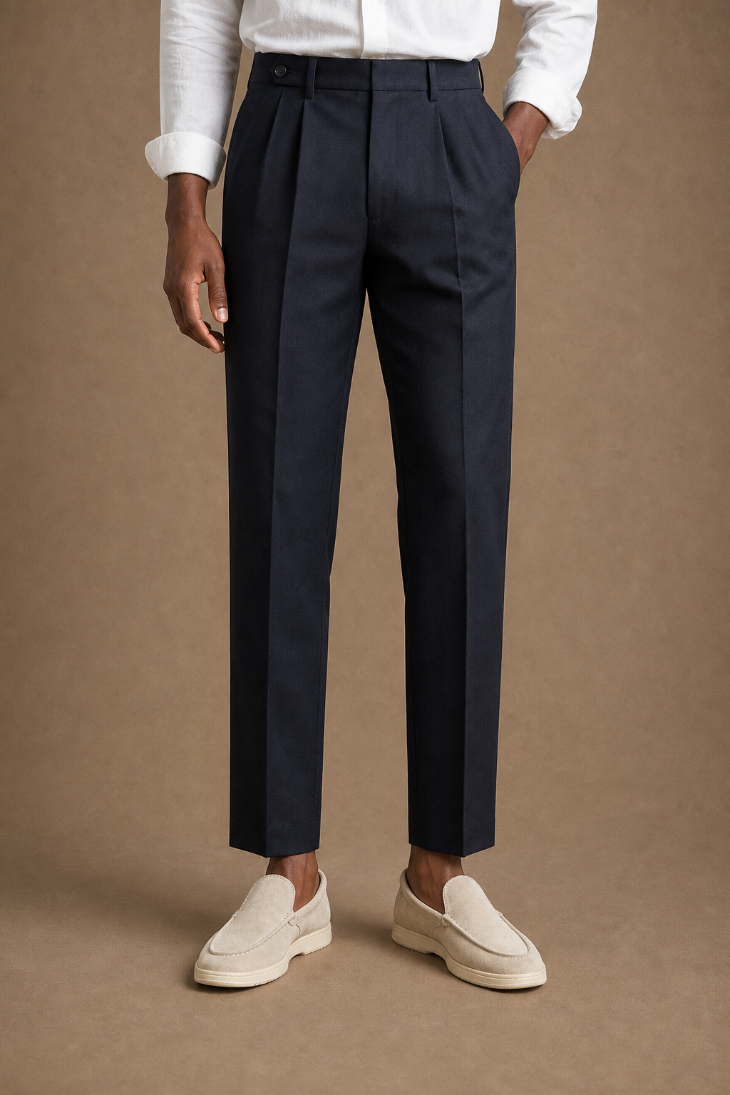 Verona Tailored Trousers in Navy on model - alternate pose