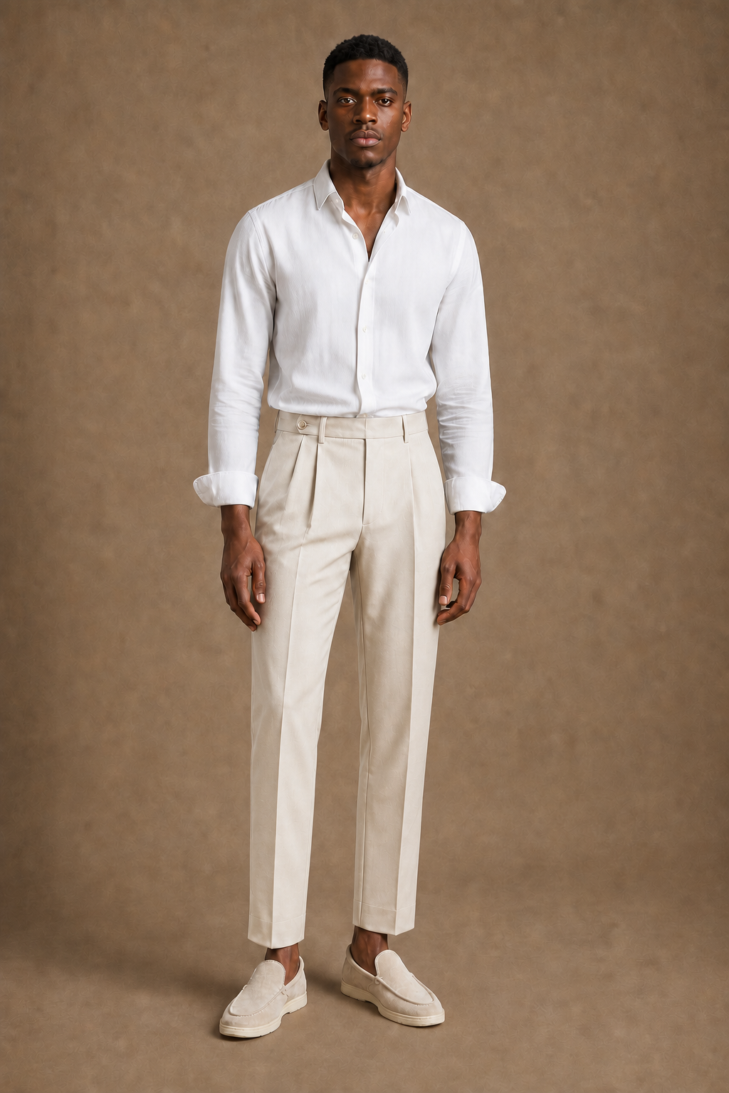 Verona Tailored Trousers in Stone on model - front pose