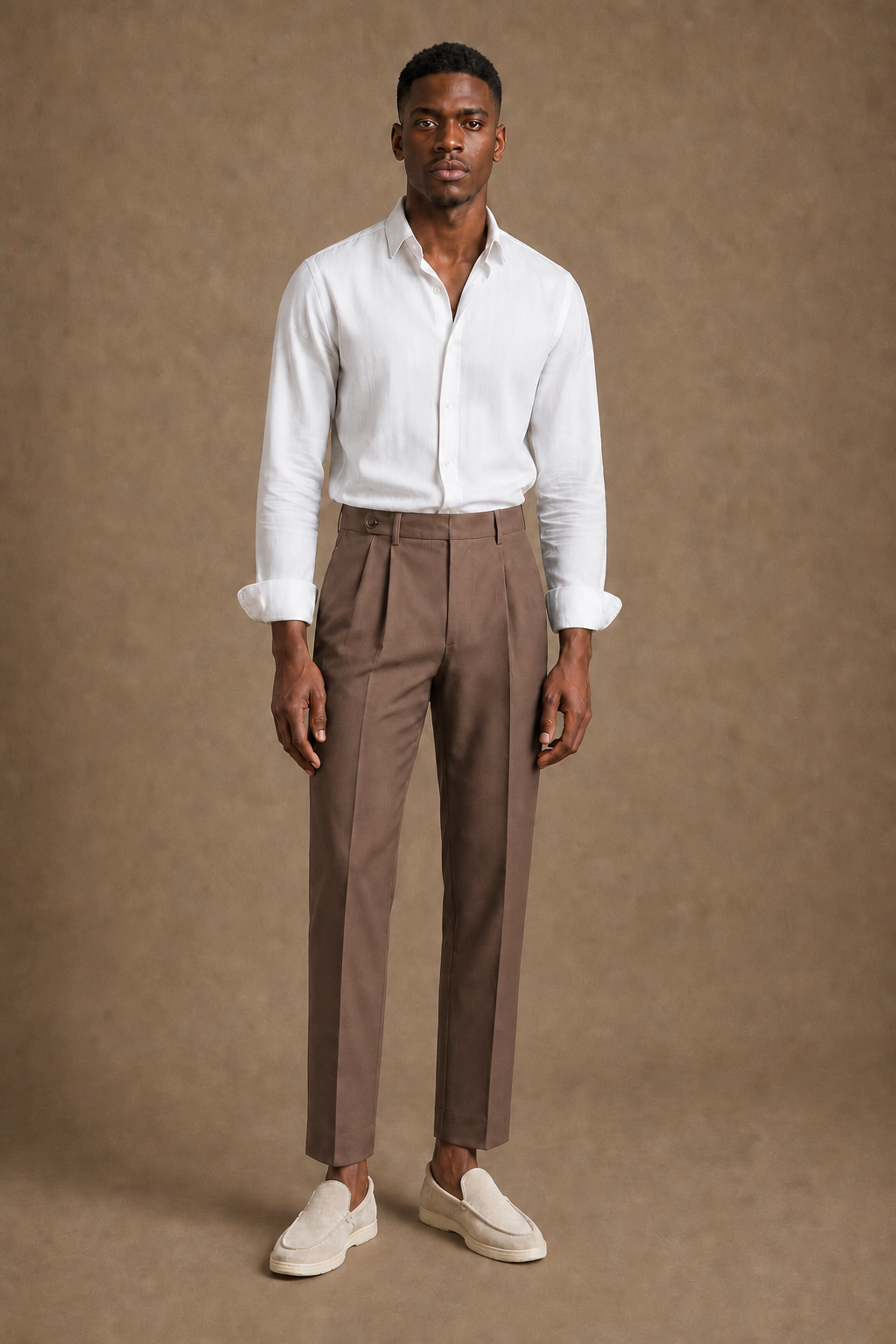 Verona Tailored Trousers in Taupe on model - front pose