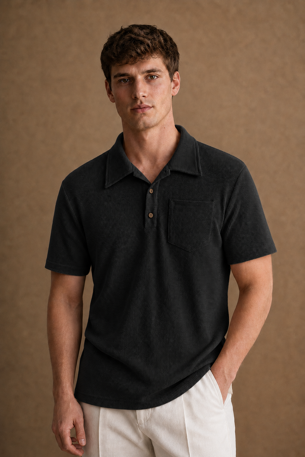 Vicenza Patched Polo Shirt in Charcoal on model — front pose
