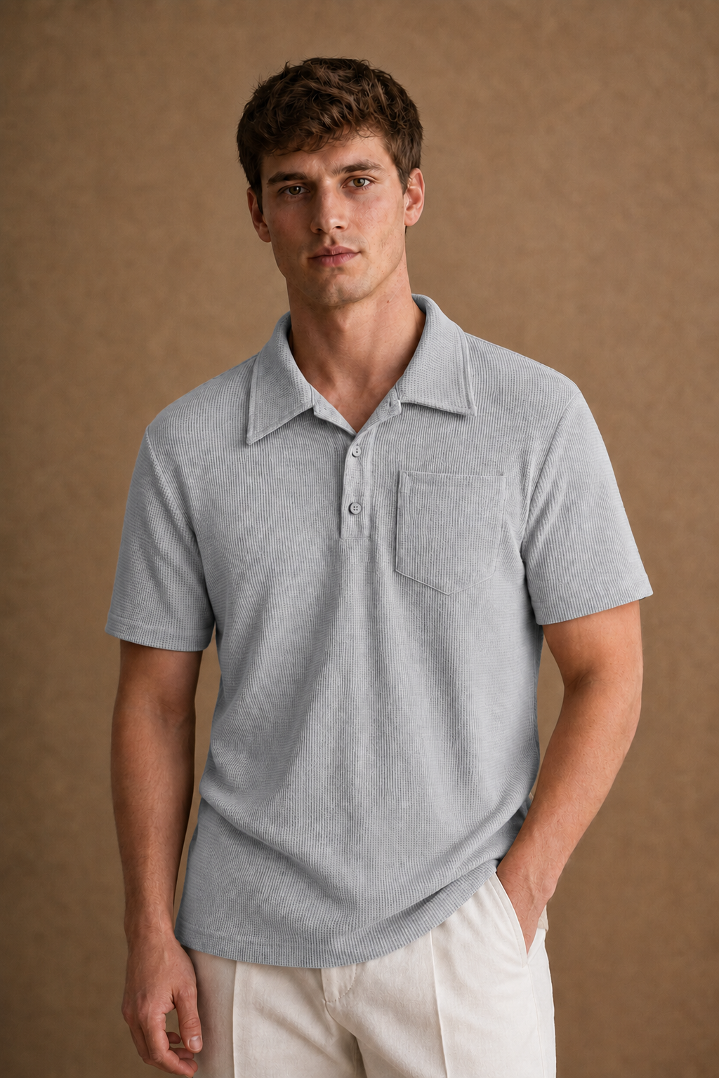 Vicenza Patched Polo Shirt in Light Grey on model — front pose