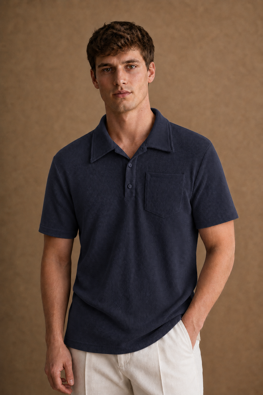 Vicenza Patched Polo Shirt in Navy on model — front pose
