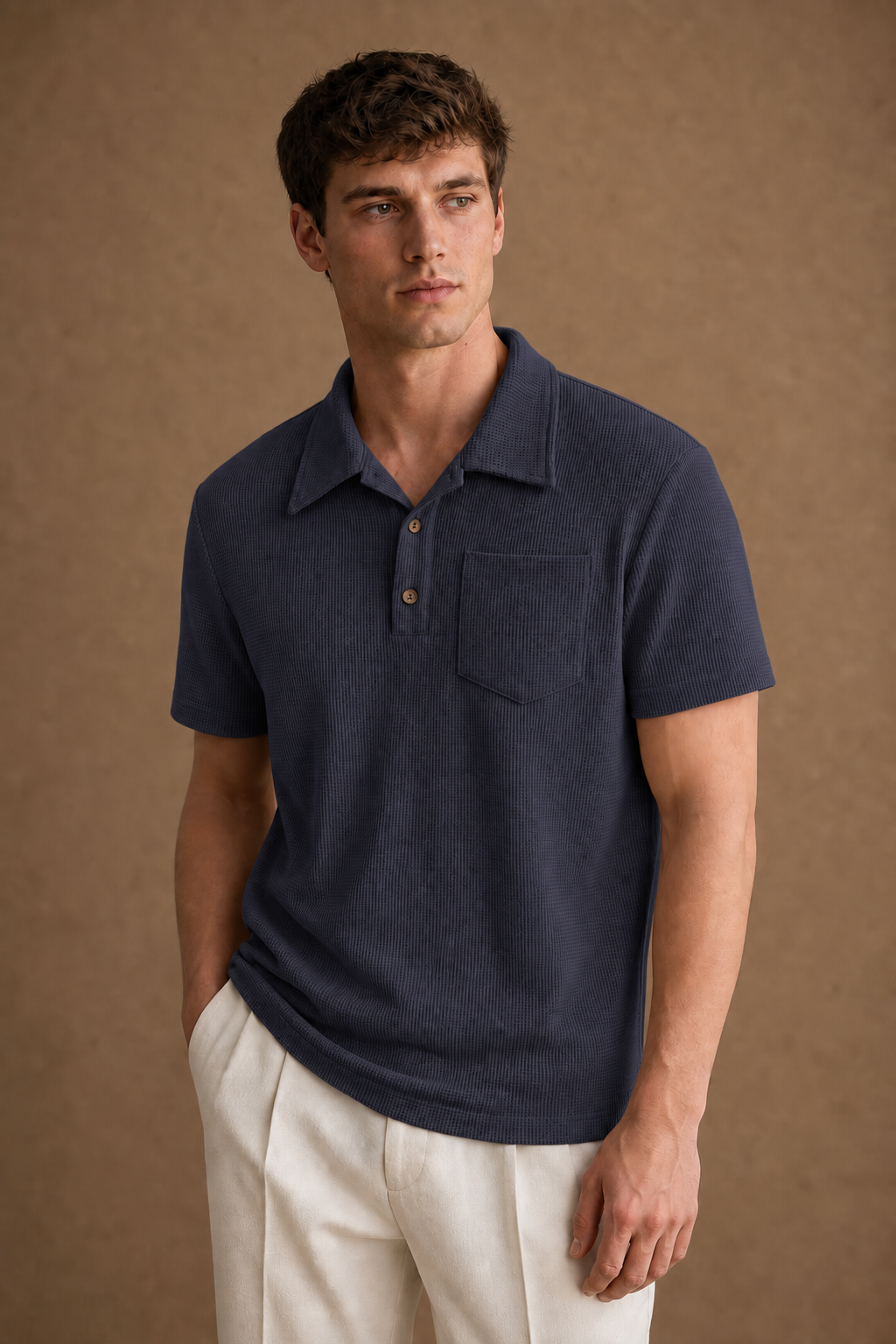 Vicenza Patched Polo Shirt in Navy on model — alternate pose