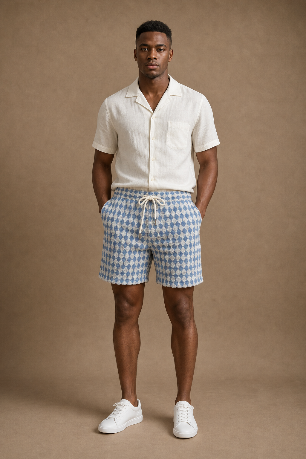Vico Diamond Shorts in Dusty Blue on model - front pose